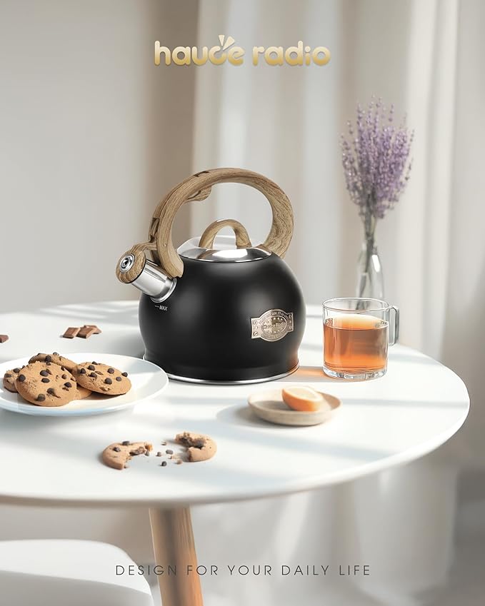 Hauce Radio Tea Kettle Stovetop, Black Tea Kettles-2.1 Quart Loud Whistle Stovetop Teapot,Food Grade Stainless Steel with Wood Pattern Handle, Unique Button Control Kettle Outlet for Tea, Coffee