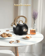 Hauce Radio Tea Kettle Stovetop, Black Tea Kettles-2.1 Quart Loud Whistle Stovetop Teapot,Food Grade Stainless Steel with Wood Pattern Handle, Unique Button Control Kettle Outlet for Tea, Coffee