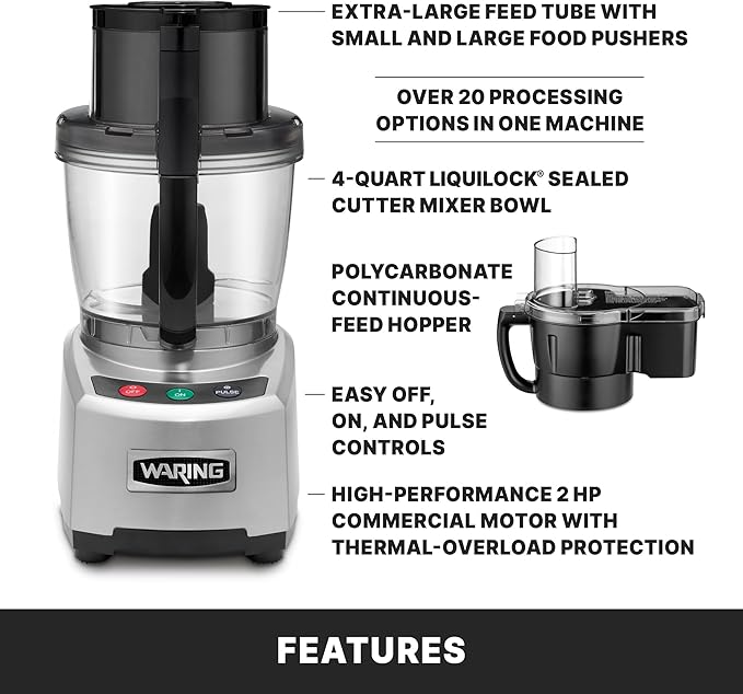 Waring Commercial WFP16SCD 4 Quart Continuous Feed Food Processor, 2 HP Motor, Extra Large Feed Tube, Patented LiquiLock Seal Bowl System, Includes 4 Quart Clear Cutter/Mixer Bowl, Dicing, Shredding, Slicing, Whipping Disc and a Standard S blade for Ch...