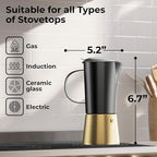 Stovetop Espresso Maker, Stainless Steel Moka Pot 6 Cup, Gold Espresso Maker (12 fl oz), Italian Coffee Pot, Compatible with Gas, Electric and Induction, Black & Gold Finish