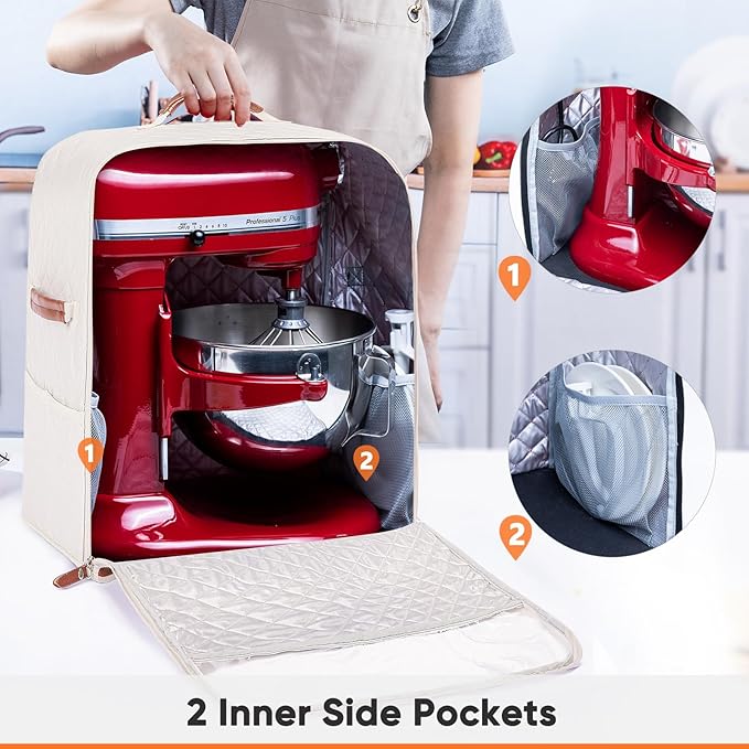 BAGSPRITE Stand Mixer Cover with Appliance Sliders Base Compatible with KitchenAid Mixer-Storage Bag for 4.5/5 Quart with Pockets for Kitchen Aid Accessories and Attachments