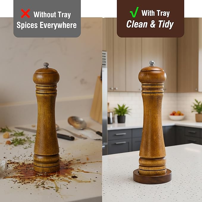 Wood Salt and Pepper Grinder, Salt Grinder and Pepper Mill, Oak Wood Shakers with Adjustable Ceramic Grinders (8″ - 1 Pack with Tray)