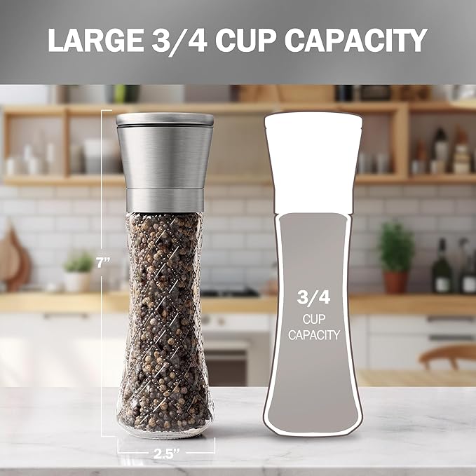 HOME EC Original Stainless Steel Salt or Pepper Grinder 1pk - Adjustable Ceramic Sea Salt Grinder or Pepper Mill - Tall Glass Spice Shaker - Spice Mill (Diamond Facet)
