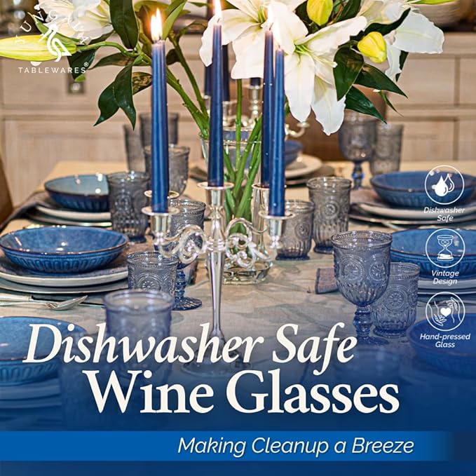 Yungala Blue-Wine-Glasses-Sunflower-Set-6 Blue Wine Glasses Set of 6 Vintage Hobnail Goblets 10 oz Dishwasher Safe