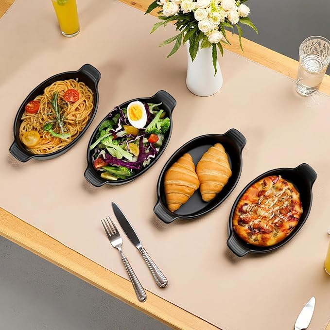 Oval Au Gratin Baking Dishes Set of 4 9" x 5" 19 oz matte black Ceramic Oven Safe & Heat Resistant With Handles for Small Mini Casseroles Cooking & Serving