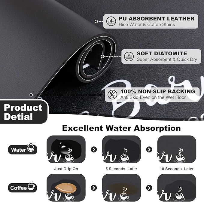 Findosom Dish Drying Mat, 16"x 24" Super Absorbent & Hide Stain Coffee Mat, Cuttable Drying Mat for Kitchen Counter, Coffee Bar Accessories, Under Dish Rack, Coffee Maker, Espresso Machine, Black
