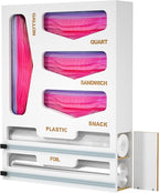 6 in 1 Bag Organizer and Wrap Dispenser with Magnetic Lid - Plastic Wrap Dispenser with Cutter for Kitchen Drawer, Storage for Gallon, Quart, Sandwich, Snack Bags, and Foil White