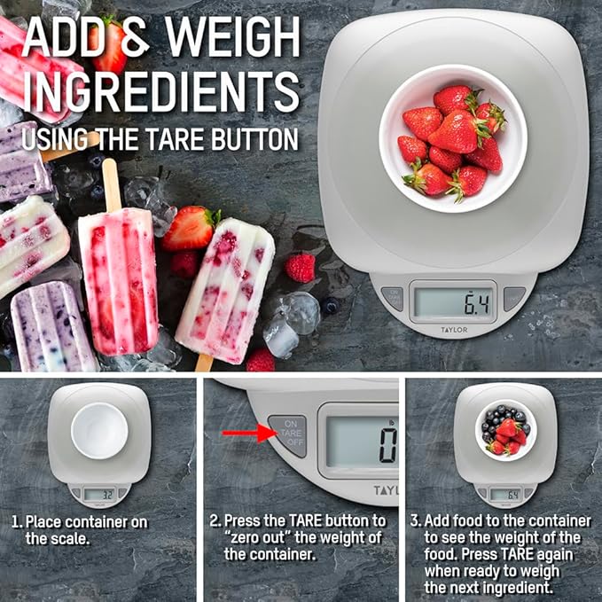 Taylor 11LB Capacity Digital Glass Top Kitchen Scale with LCD Display, Weight in Grams and Ounces for Baking, Cooking, and Meal Prep, Silver