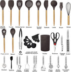 Cooking Utensils Set- 35 PCs Kitchen Utensils with Grater,Tongs, Spoon Spatula &Turner Made of Heat Resistant Food Grade Silicone and Wooden Handles Kitchen Gadgets Tools Set for Cookware