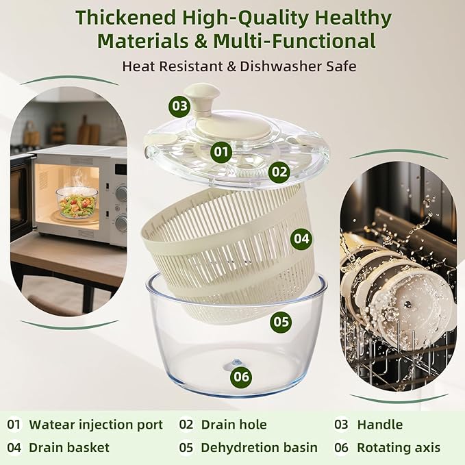 Large 5.2 Qt Glass Salad Spinner Vegetable Dryer with Drain Microwave Safe Dishwasher Safe with Transparent Lid Crank Handle Quick Spin Greens Washer for Lettuce Herbs Fruits (off-white)