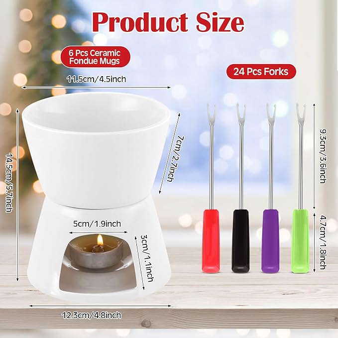Mudder 8 Pcs Mini Fondue Pot Set with 32 Color Coded Forks Porcelain Tea Light Melting Mugs for Chocolate Cheese and Dessert Small Fondue Pot Set for Christmas Valentine's Parties Tapas Gifting