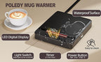 Fast Heating Coffee Mug Warmer,POLEDY Auto Shut Off Cup Warmer, Electric Beverage Warmer for Tea, Milk, Cocoa with 2-12H Timer, 3-Temp Settings Candle Warmer Plate, Black Smart Candle Melter