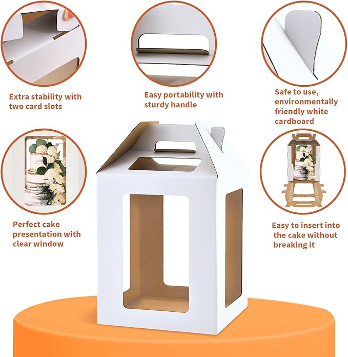 Tall Cake Box with Windows, 10x10x12 & 12x12x14 inches, Large Tiered Cake Boxes，Cake Carrier Container Set for 10 & 12 inch Cakes, White, 2 Pack