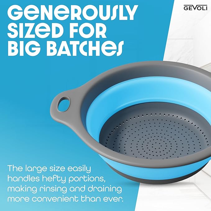 Gevoli Strainer with Self-Draining Base (5QT) Over-Sink Collapsible Kitchen Colander Set with Side-drain Base for Pasta Vegetables and Fruit, XL Large Capacity, Dishwasher Safe (5-Quart) Blue/Gray