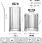 INSETLAN Set of 8 Vintage Glassware - 4 Highball Glasses 12 oz, 4 Rocks Glass Cups 14 oz, Ribbed Glassware Cocktail Glasses, Ideal for Wine, Juice, Water, Ice Coffee Cup, Whiskey, Mixed Drinkware