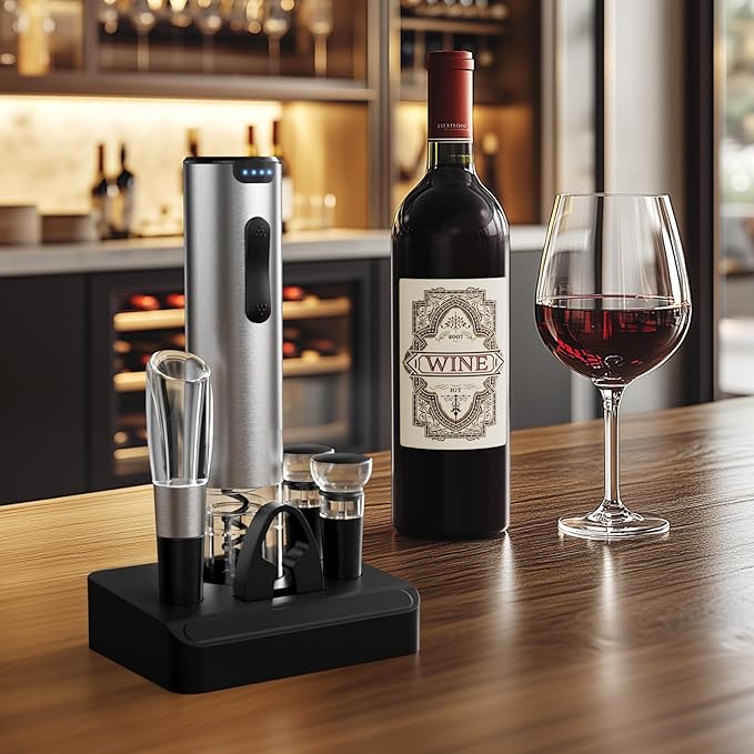 HomeHacks Electric Wine Opener, Automatic Wine Opener with Foil Cutter, Vacuum Stopper, Pourer, Rechargeable Wine Bottle Opener - Party Favor, Christmas Gift for Wine Lover