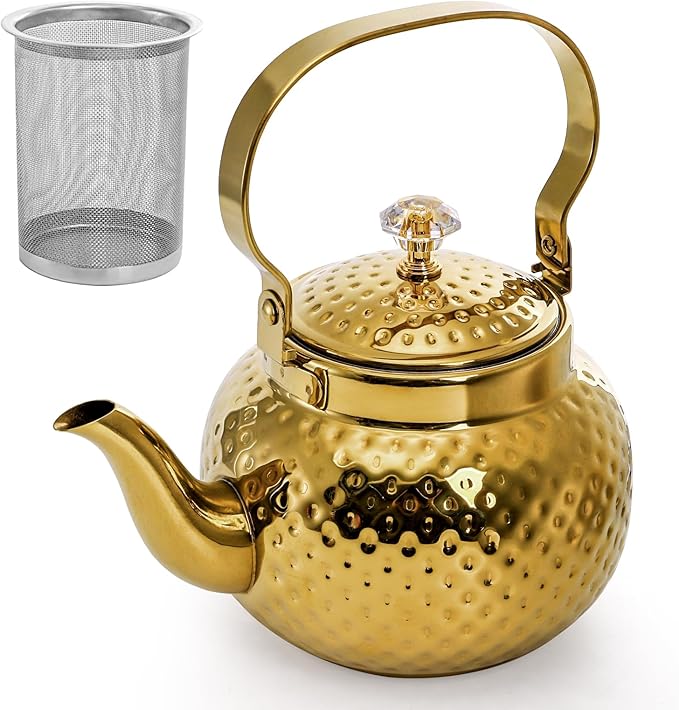 Coloch Teapot with Removable Infuser, 40 Oz(1200ml) Stainless Steel Tea Kettle Antique Style Coffee Pot Stovetop Teapot for Loose Leaf Tea, Tea Bag, Golden