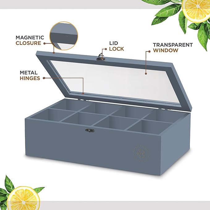 Tea Bag Organizer - Grey Bamboo Tea Box Organizer Storage Box, Tea Bag Holder with Acrylic Window, Magnetic Lid Keeps Tea Bags Fresh - Tea Organizer Caddy (Tea Not Included) Christmas Gift - Gray