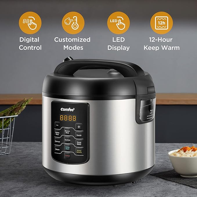 COMFEE' Rice Cooker 10 cup Uncooked/20 cup Cooked, Rice Maker, Steamer, Saute, Steamer and Warmer, 5.2 QT Large Capacity, Brown Rice, Quinoa and Oatmeal, 8 One-Touch Programs
