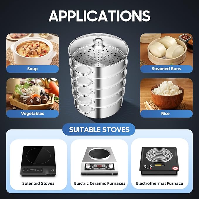 5 Tier Steamer Pot, Stackable Kitchen Steamer with One Piece Bottom Clear Visible Lid Large Capacity and Anti-Scald Handles Detachable Combination Storage Stainless Steel Steamers Pot for Dumplings Etc