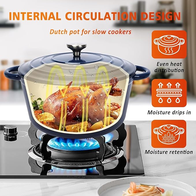 Hisencn Enameled Cast Iron Cookware Set - 7 Piece Dutch Ovens Set, Sauce Pan, Skillet, 3 Lids, Pots and Pans Set, Ceramic Coated Cast Iron, Heavy Duty, Gas/Induction Compatible, PFA Free