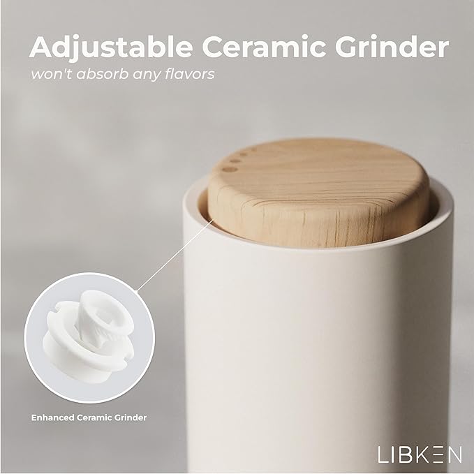 LIBKEN Non-Spill Salt and Pepper Grinder Set - Adjustable Ceramic Grinder - Minimalistic Spice Mill - Easy to Refill Condiments Dispenser - Wood & Soft-Coated Plastic - 6.2 x 2.2 inch (White & Grey)