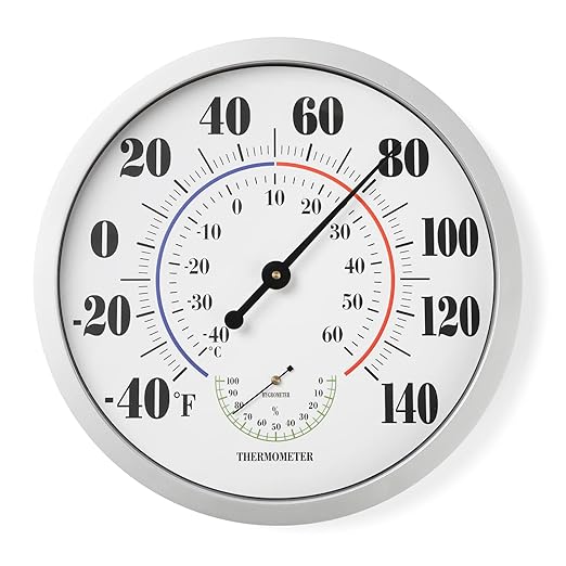 Indoor Outdoor Thermometer Wall Large Numbers Thermometer No Battery 12" Hanging Digital Weather Hygrometers for Home Garden Outside Patio Decor (Silver)