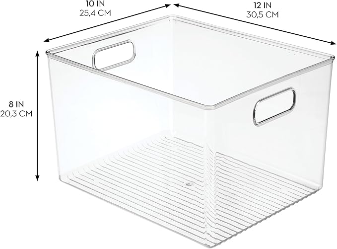 Linus Multi-Purpose Storage Bin with Handles for Kitchen, Pantry, Cabinet, Nursery, Crafts - 12" x 10" x 8", Clear