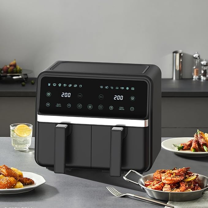 8 Quart Dual Basket Air Fryer - Digital Touchscreen, Smart Sync Finish,Auto Shutoff, 2 Independent 4QT Nonstick Dishwasher-Safe Frying Baskets - Digital Double Air Fryer