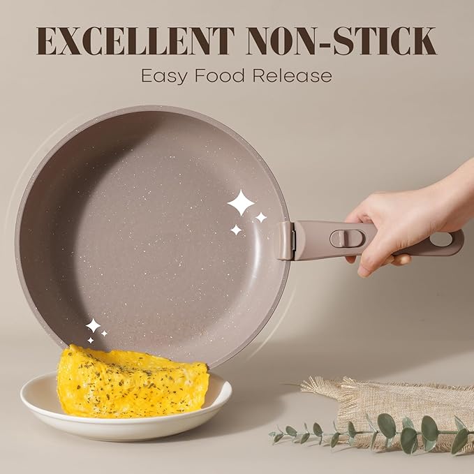 SODAY 15Pcs Pots and Pans Set Non Stick, Cookware Sets with Detachable Handle, Nonstick RV Kitchen Cooking Tools Removable Handles, Oven Safe, Induction Fast, Stackable Induction Cookware, Brown
