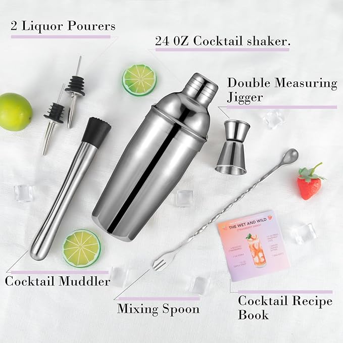Cocktail Shaker Set, 6-Piece 18/8 Food-Grade Stainless Steel Mixology Bartender Kit - Premium Bar Tools with Muddler, Jigger, Spoon & Pourers - Rust-Proof, Leak-Proof & Dishwasher Safe Gift for Men