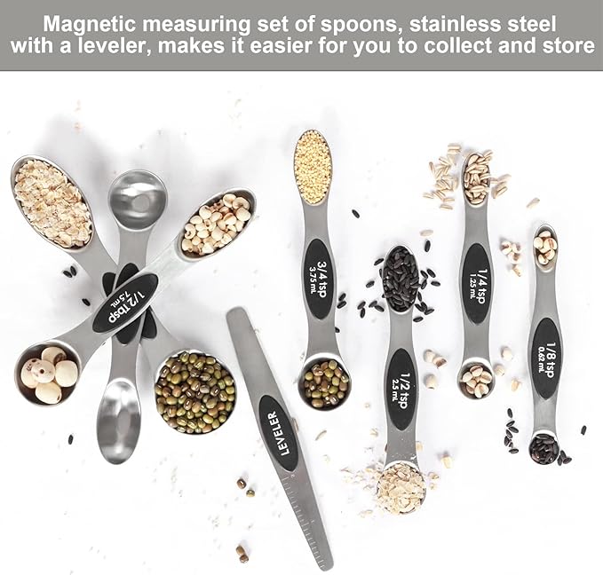 Magnetic Measuring Spoons Set with Leveler, Stackable Stainless Steel Tablespoons for Baking, Fits in Spice Jars