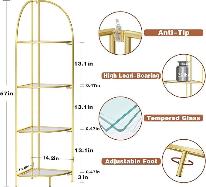 Crofy Foldable 4 Tier Corner Shelf, Metal Corner Plant Stand with Gold Frame and Transparent Shelves, Corner Display Rack Multipurpose Shelving Unit for Living Room, Bedroom, Bathroom