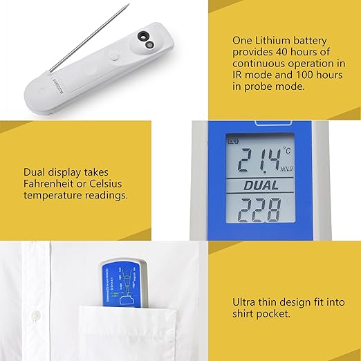 Instant Read Thermometer Waterproof Digital Meat Thermometer for Food with Bright LCD Screen 2 in 1 Infrared Thermograph with Meat Probe for BBQ Grilling Cooking Baking Kitchen (Model AMT206)