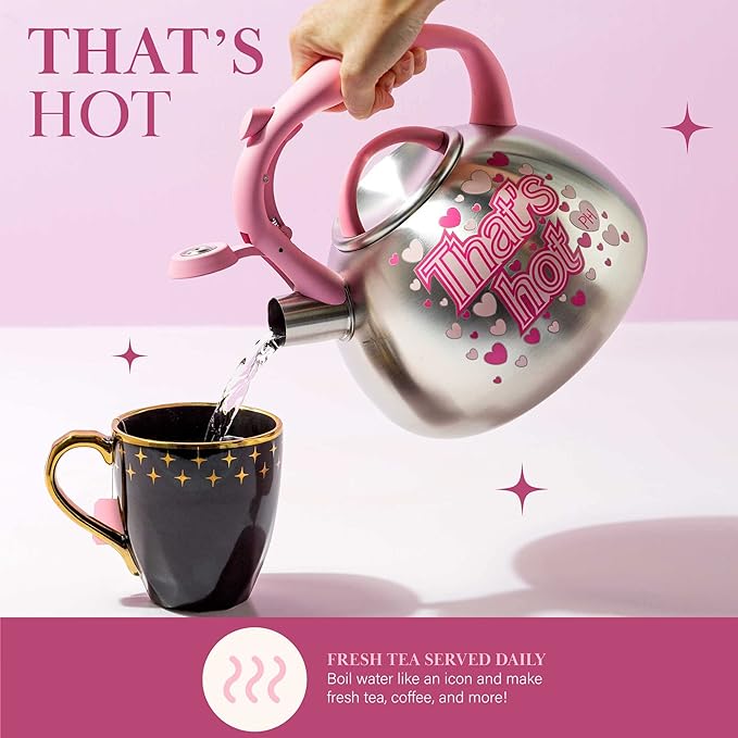 Paris Hilton Whistling Stovetop Tea Kettle, Stainless Steel with Color Changing "That's Hot" Heat Indicator Design, Soft Touch Handle, 2.5-Quart, Pink