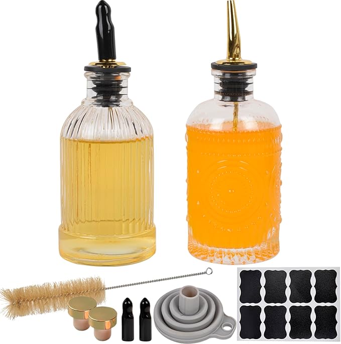 ChezMax Coffee Syrup Dispenser Bottles, 7 oz Glass Containers with Metal Pour Spout, Coffee Bar Accessories, 2 Pack