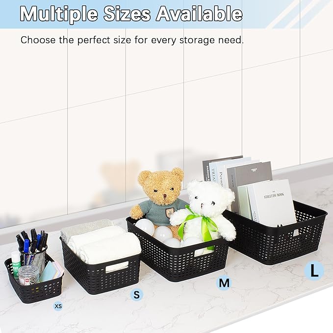 Soddeph Plastic Storage Baskets for Cabinets, Household Pantry Organization with Handle,Organizer Bins for Room,Bathrooms,Under-Sink,Kitchen (Black, S-3PACK)