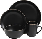 Gibson Home Rockaway 16-Piece Round Stoneware Dinnerware Set, Service for 4 – Black with Gold Rim Plates and Bowls, Microwave & Dishwasher Safe
