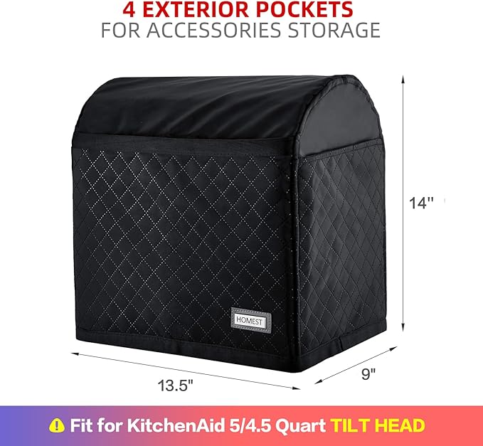 HOMEST Stand Mixer Quilted Dust Cover with Pockets Compatible with KitchenAid 5/4.5 Quart Tilt Head, Black(Patent Design)