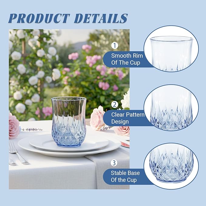 12 Pack Plastic Stemless Wine Glasses,12oz Unbreakable Vintage Elegant Drinking Glass Set,Reusable Fancy Cocktail Cups for Party, Wedding, and Bulk Events (12, 12oz-Blue)