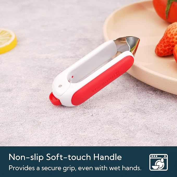 KITCHENDAO Strawberry Huller Corer Stem Remover with Safety Lock, Non-Slip Soft-touch Handle, Sharp Blades, Dishwasher Safe,1 Pack