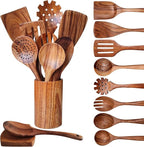 Wooden Spoons for Cooking 10 Pieces Set, Kitchen Utensils Spatula, Wooden Cooking Utensils Spoons, with Spoon Rest, Strainer Spoon, Pasta server, Fried Spatula and Salad Fork, Utensil Holder