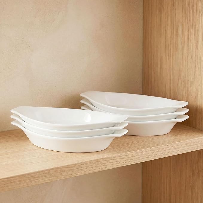 6" x 4" Ceramic Oval Small Au Gratin Baking Dishes 7 oz, Set of 4 Banana Split Bowls, Oven and Microwave Safe, for 1 person servings, Bakeware with Handle(8.3 IN) for Kitchen and Home