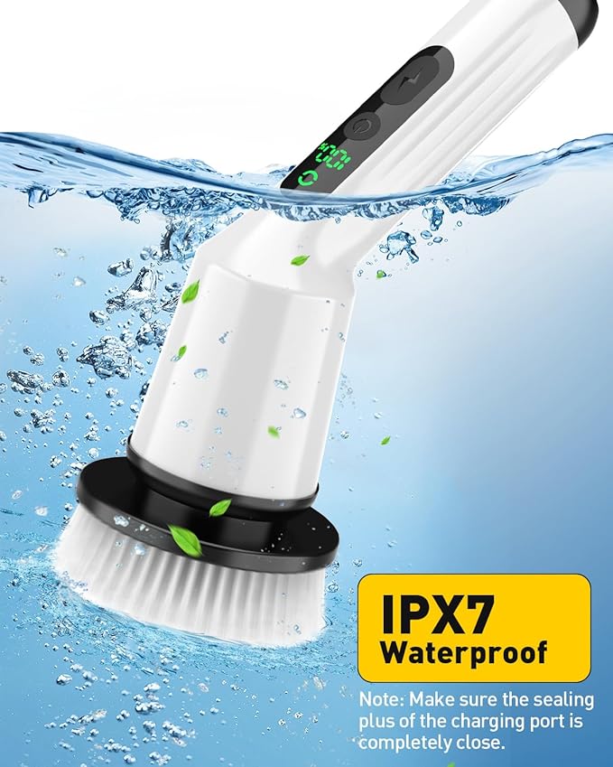 Electric Spin Scrubber for Cleaning Bathroom, Shower Scrubber Cordless Cleaning Brush with IPX7 Waterproof & 2 Speed, 3 Brush Heads, Bathroom Cleaning Supplies for Shower Tub Kitchen Tile Toilet White