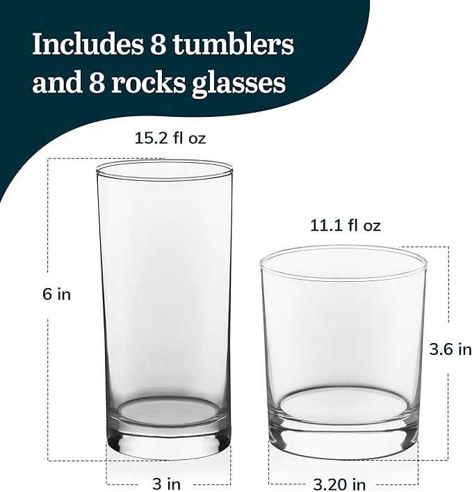 Libbey Province Tumbler and Rocks Glass Set, Elegant Drinkware Glasses Set, Dishwasher Safe Drinking Glasses Set of 16