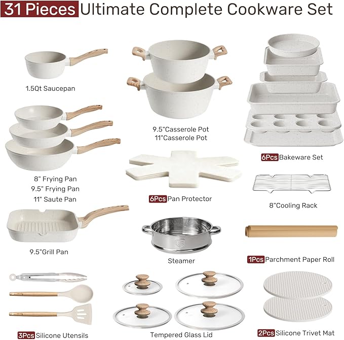 Kikcoin Pots and Pans Set Non Stick 31 Piece Kitchen Nonstick Cooking Cookware Sets with Grill Pan Saucepan Baking Sheet Utensil, Cream White