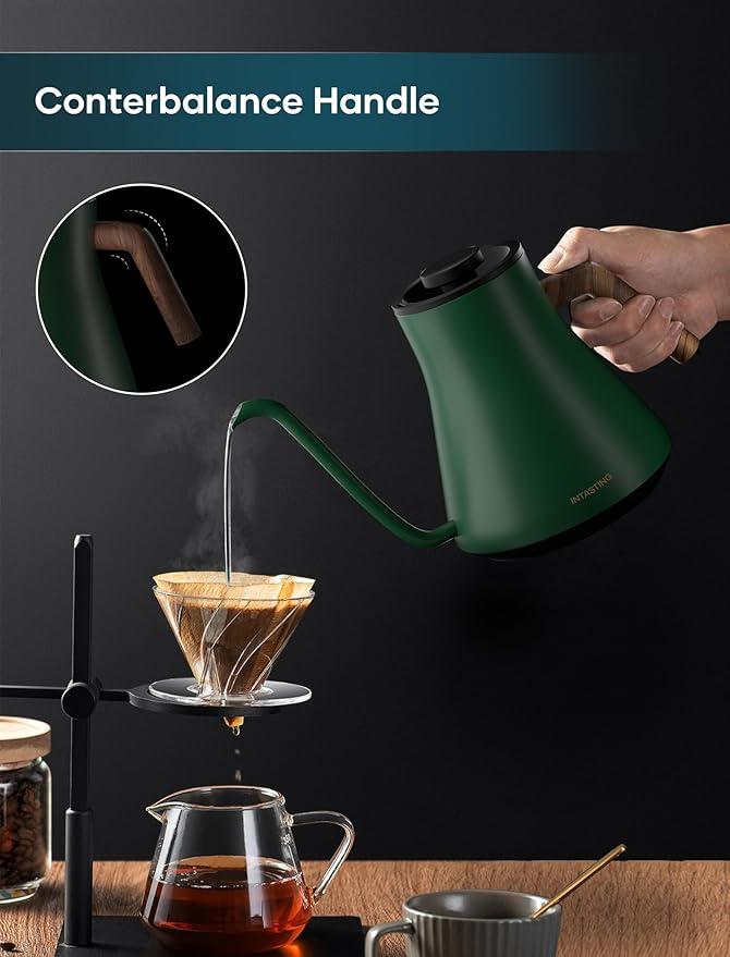 INTASTING Electric Kettles, Gooseneck Electric Kettle, ±1℉ Temperature Control, Stainless Steel Inner, Quick Heating, for Pour Over Coffee, Brew Tea, Boil Hot Water, 0.9L Hunter Green