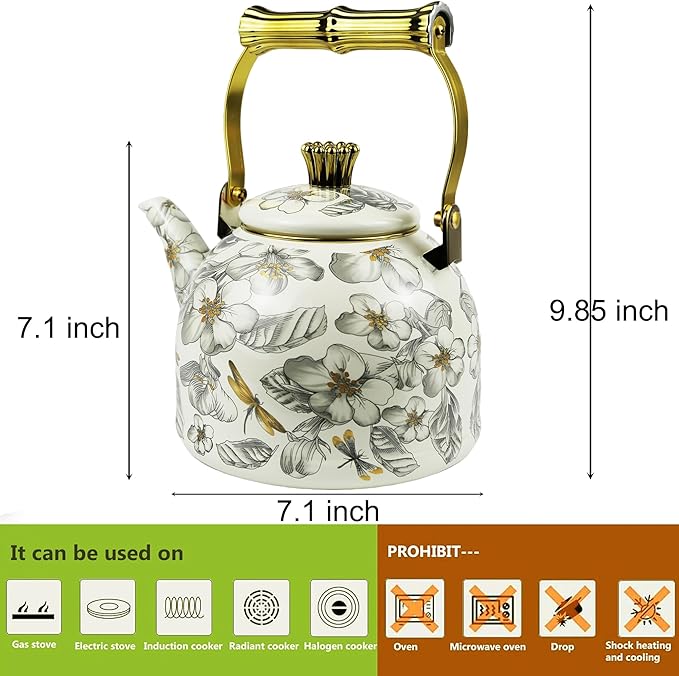 Vintage Enamel Tea Kettle, Dragonfly Floral Pattern Stovetop Teapot with Gold Handle, 2.5L Enamel Kettle Kitchen Decor, Ideal Gift for Housewarming Camping Coffee Pot