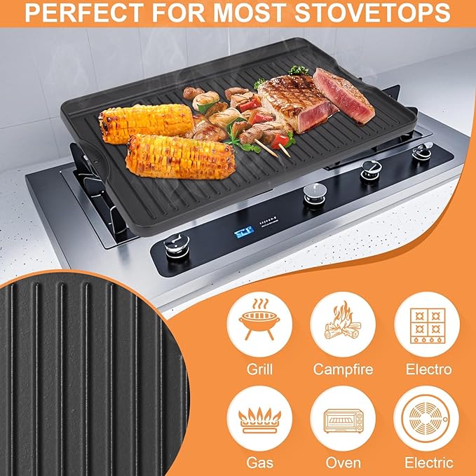 Cast Iron Griddle for Gas Grill, 16" x 24" Reversible Pre-Seasoned Large Flat Top Griddle Plate for Camp Chef etc., Stovetop/Electric/Propane/Charcoal, Outdoor Cooking Oblong Grilling Pan for Camping