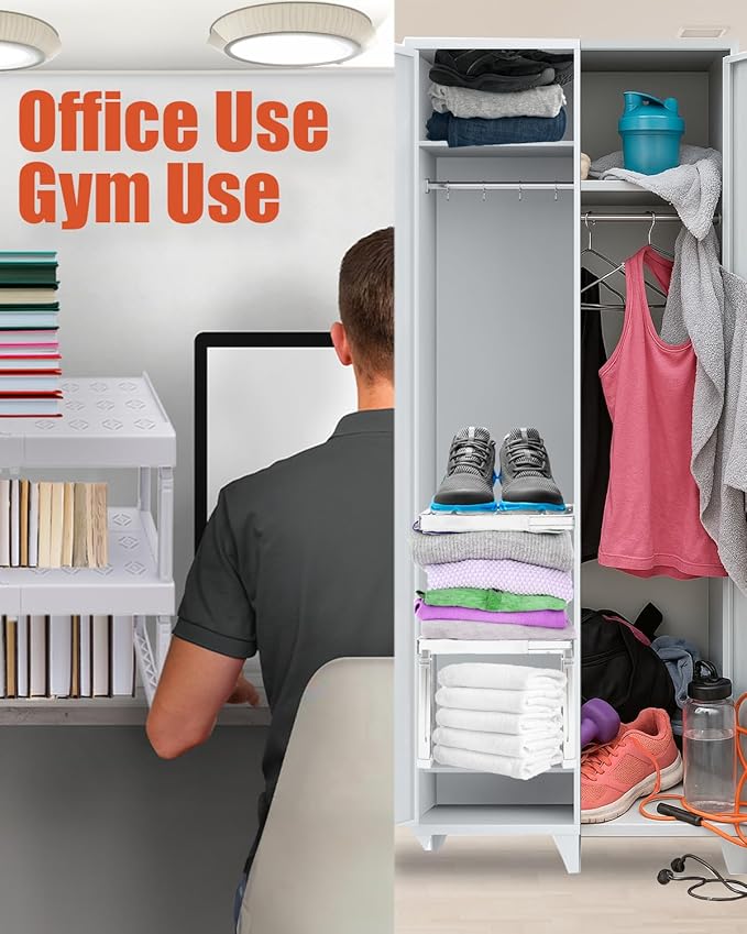 Locker Organizer Shelf， Adjustable Width and Height, Ideal Locker for School, Office, and Gym Lockers… (White 2 Pack New Version)